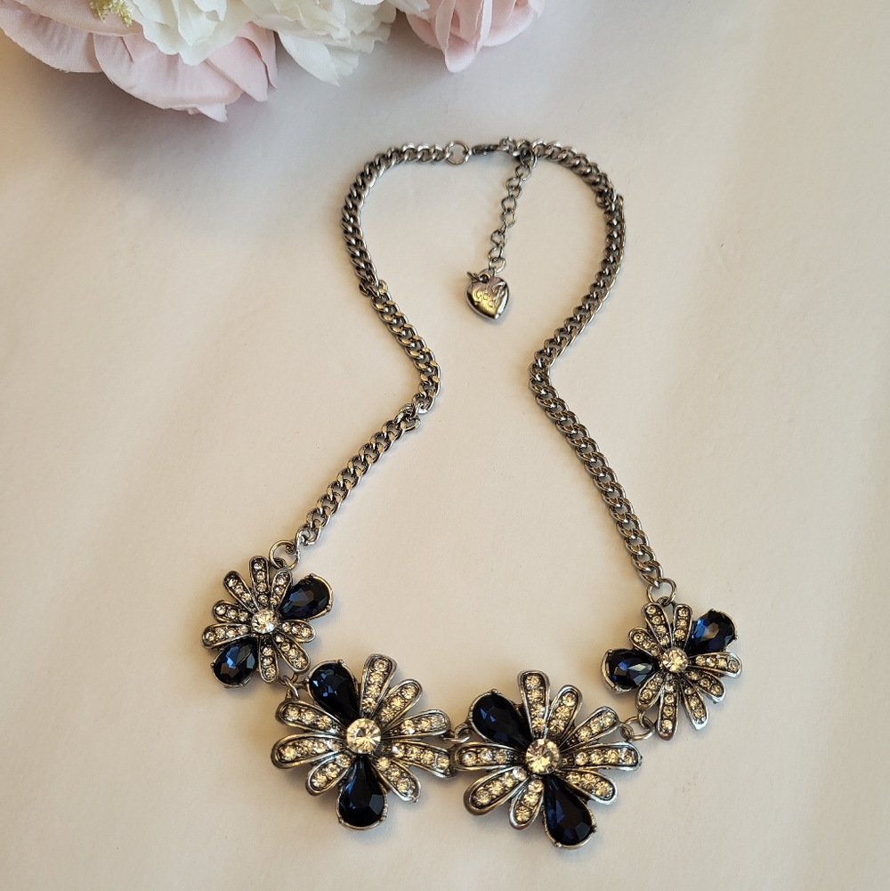 Betsey Johnson Necklace Sapphire Blue Crystal Flower Burst Statement Jewelry 16"